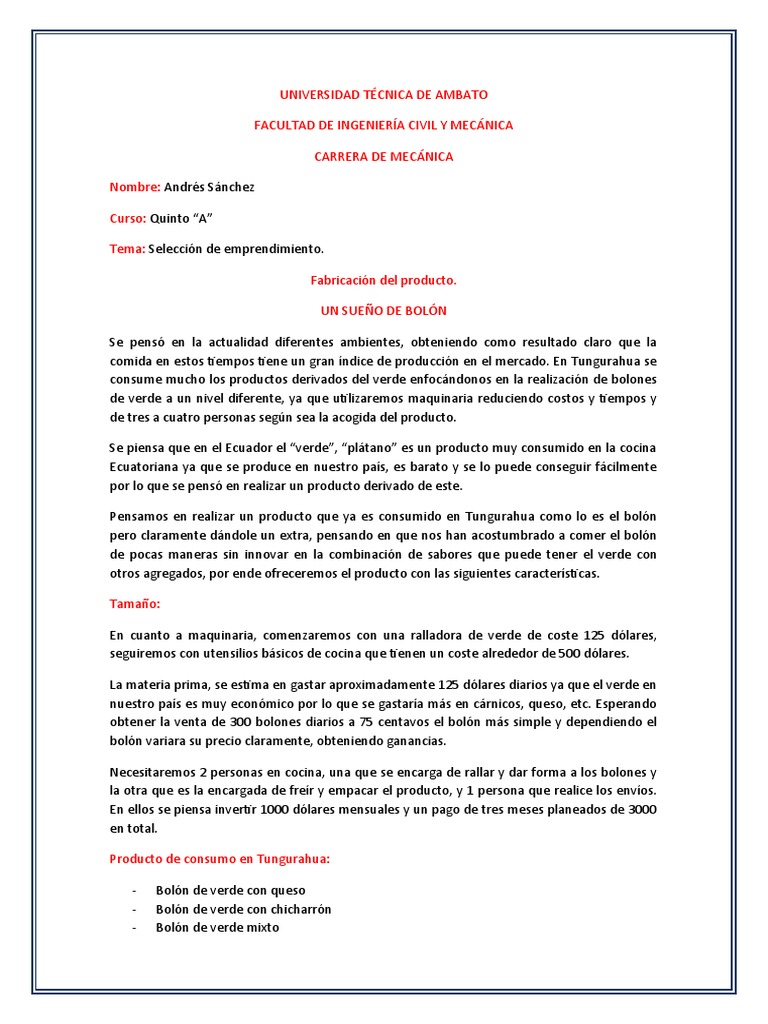 Innovador Emprendimiento de Bolones en Tungurahua | PDF | Ecuador | Queso, image size:768x1024