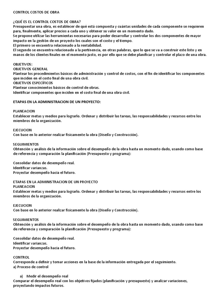 Control de Costos en Obras de Construcción | PDF | Presupuesto ...