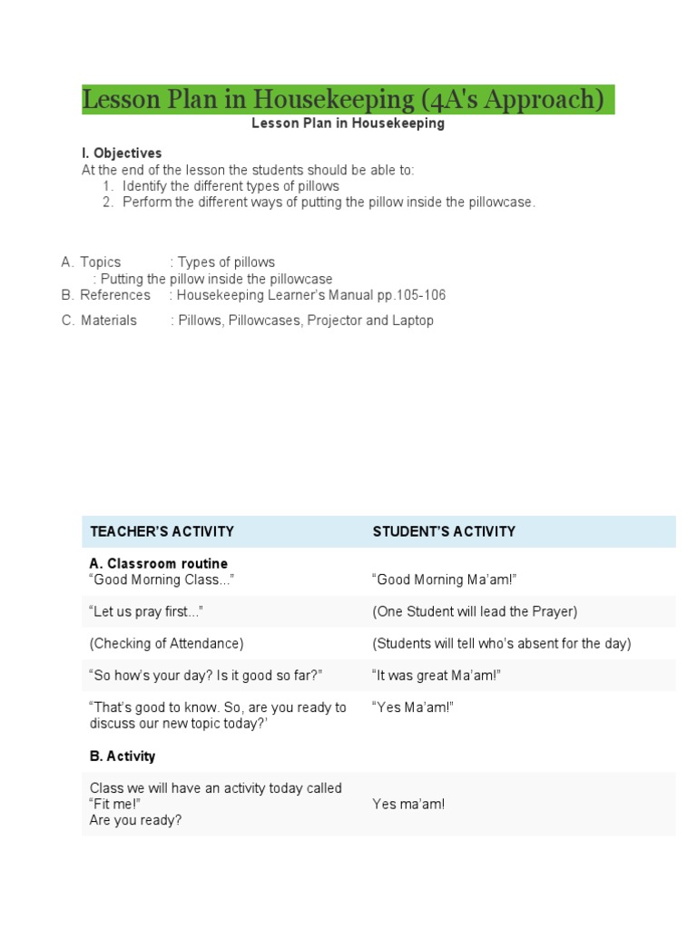 Lesson Plan in Housekeeping (Pillows and Pillowcase) | PDF | Pillow ...