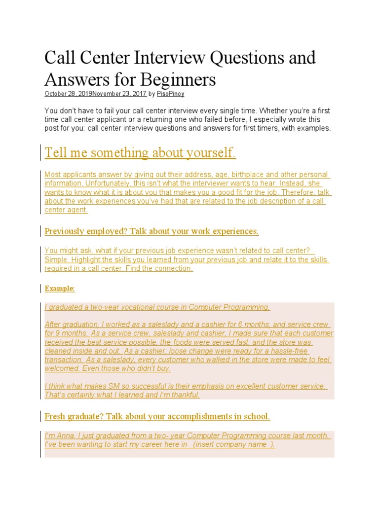 Call Center Interview Questions and Answer PDF Call Centre Job