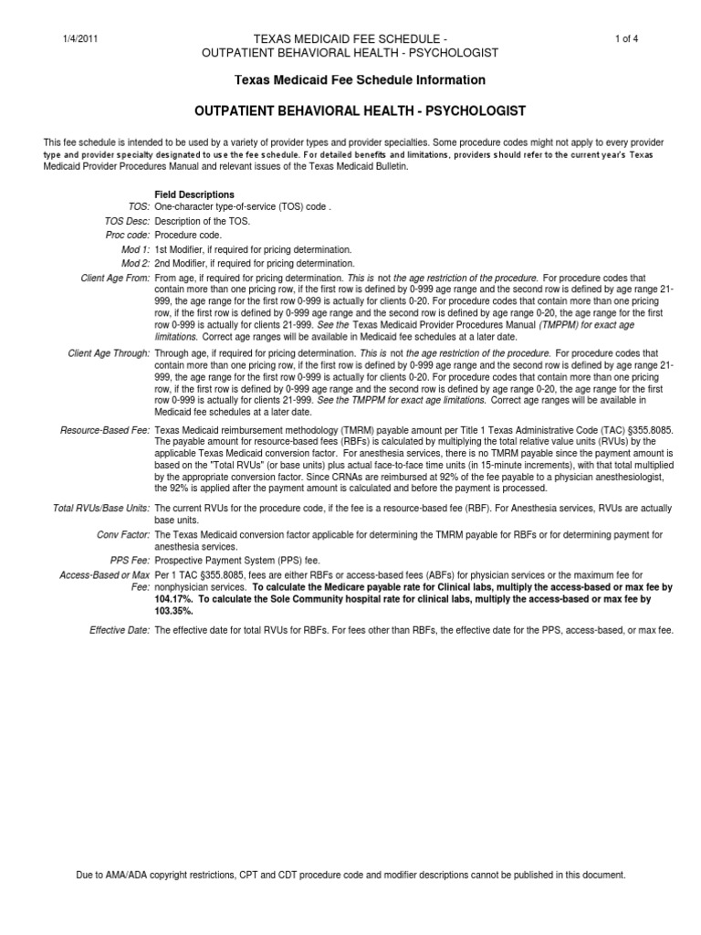 Texas Medicaid Fee Schedule Information Outpatient Behavioral Health