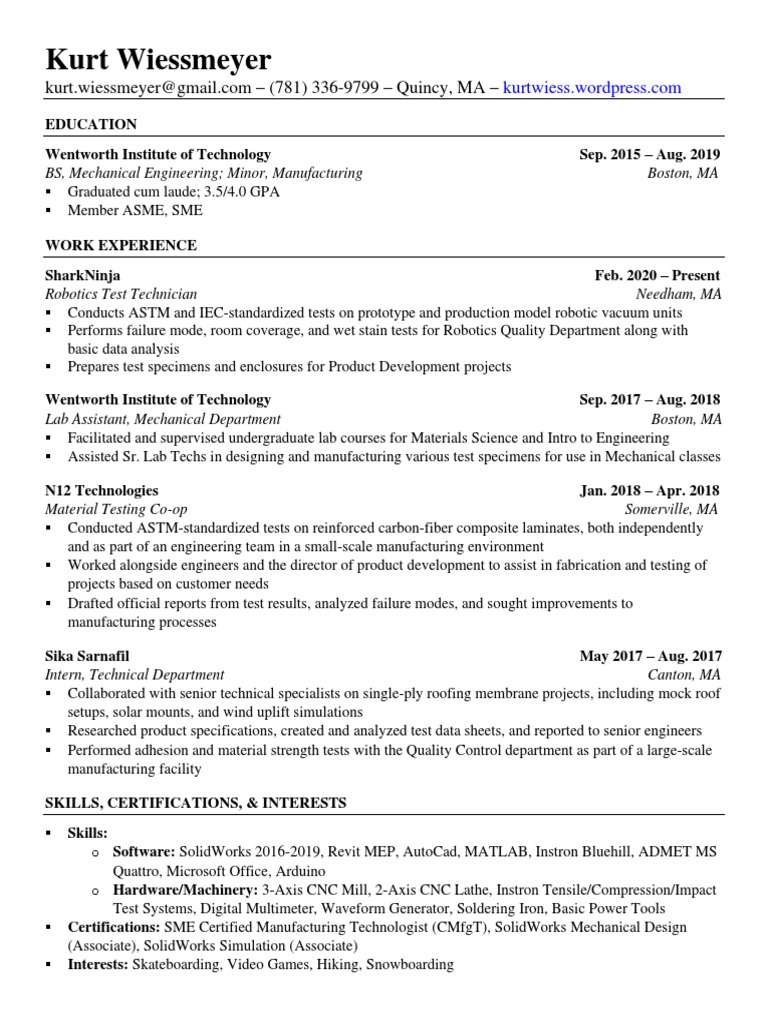 Kurt Wiessmeyer BS, Mechanical Engineering Minor, Manufacturing Boston, MA PDF Engineer