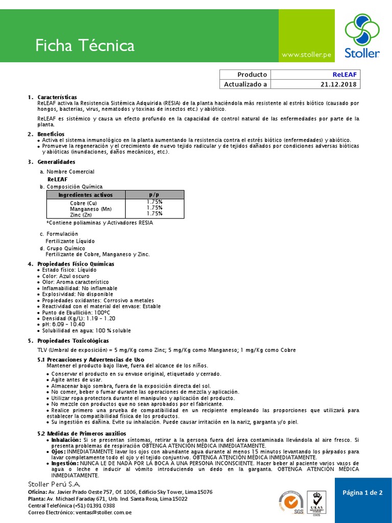 Ficha Técnica de ReLEAF Stoller | PDF | Cobre | Residuos