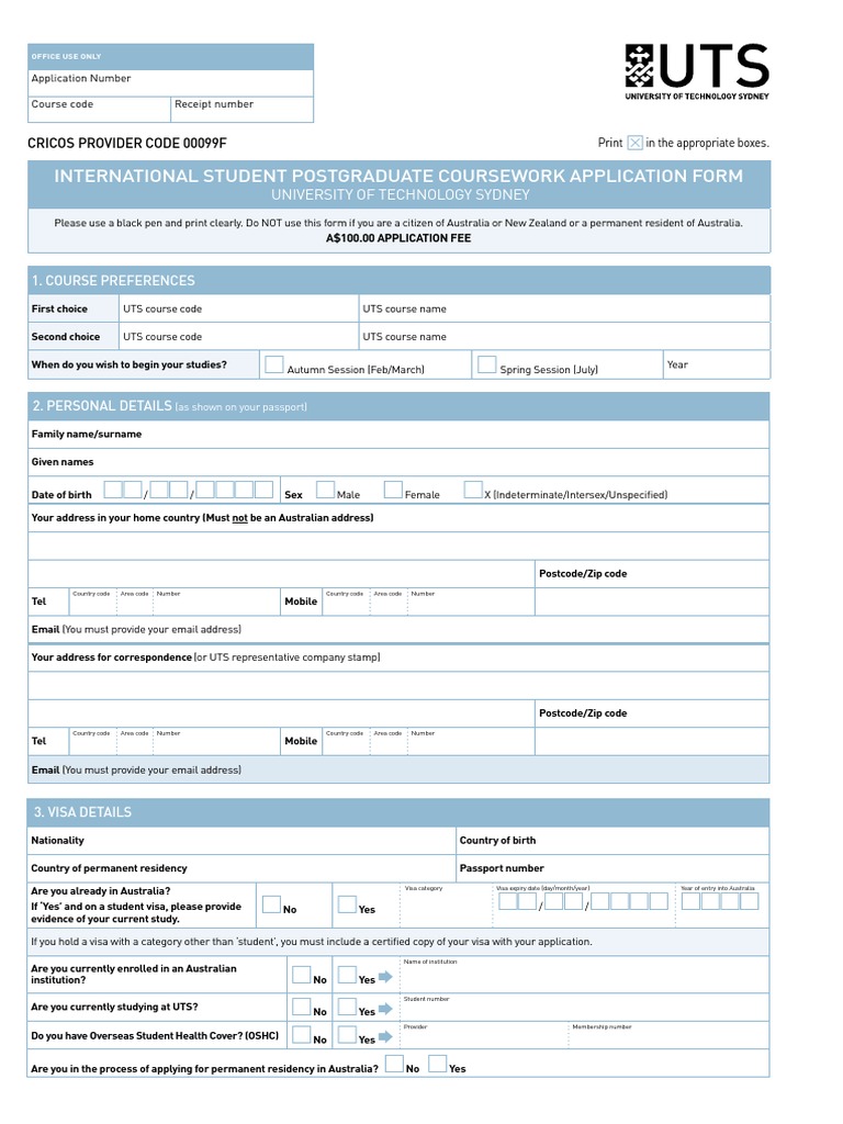 UTS Postgraduate Application Form International Students 2018 PDF