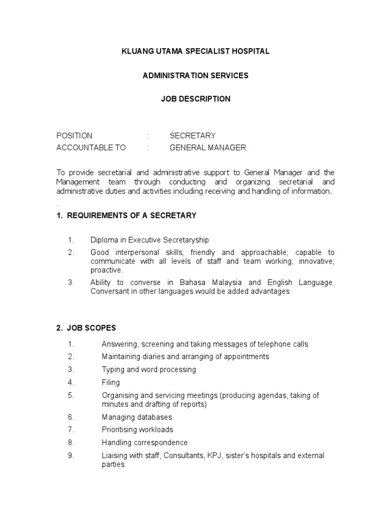 Secretary Job Description at Kluang Utama | PDF | Secretary | Employment