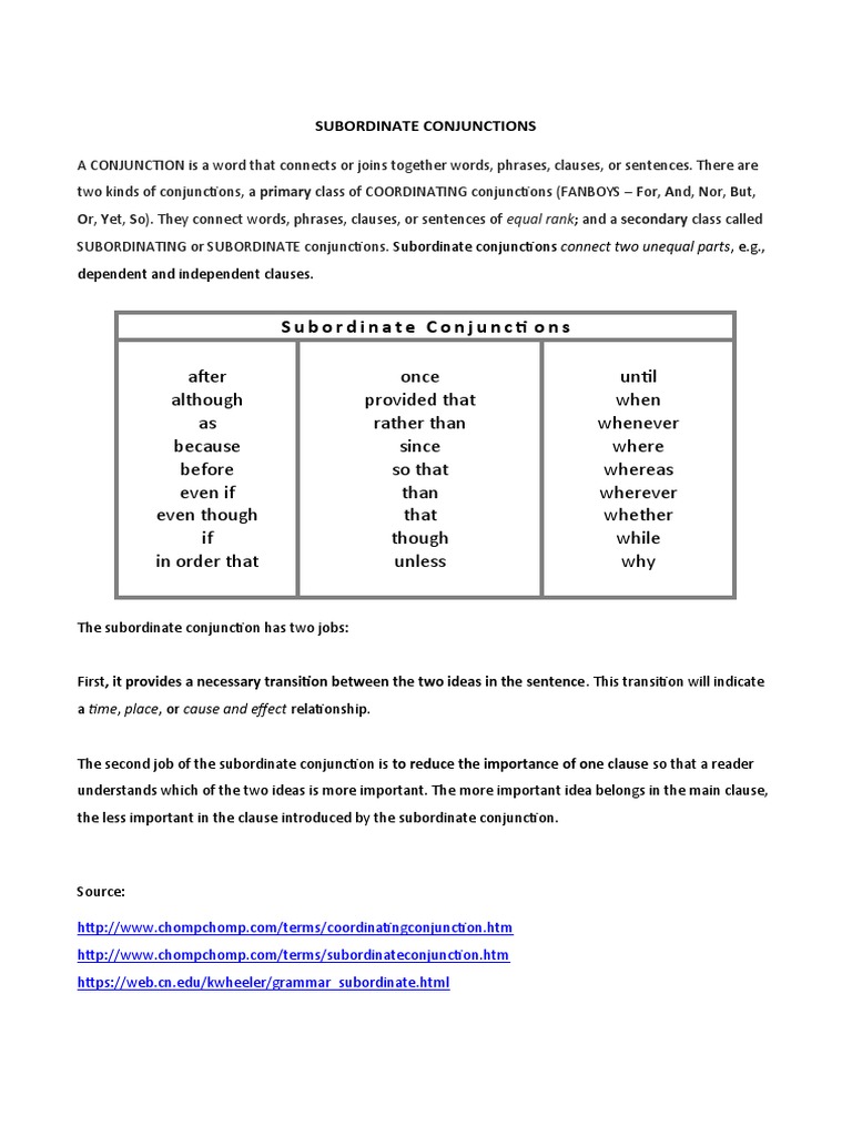 Understanding Subordinate Conjunctions | PDF