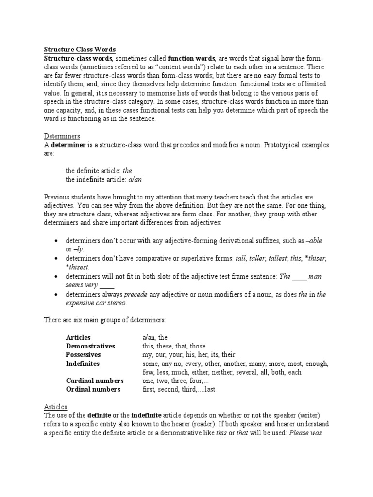 Structure Class Words StructureClass Words, Sometimes Called Function