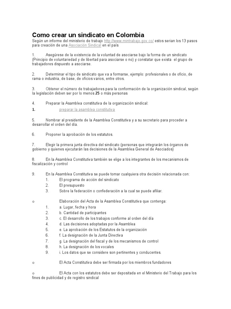Pasos para crear un sindicato en Colombia | PDF | Sindicato | Colombia