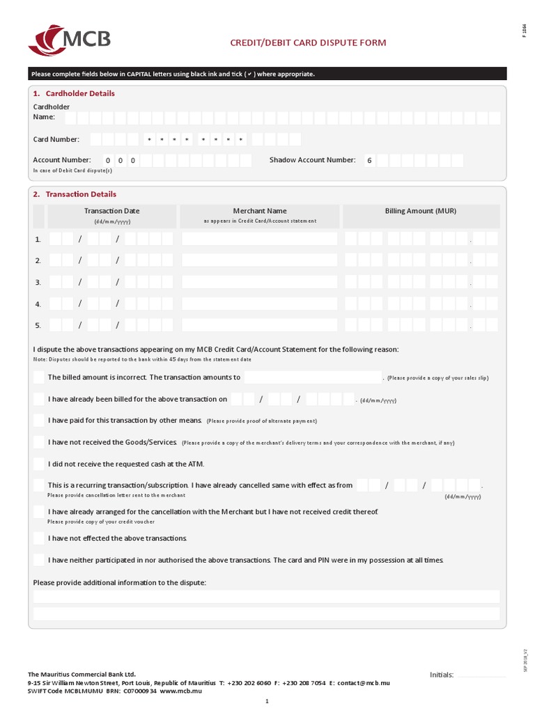 F 1864 - Credit - Debit Card Dispute Form - V2 | PDF | Credit Card ...