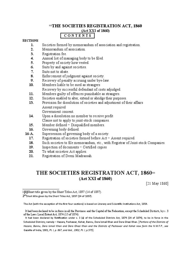 The Societies Registration Act, 1860 PDF Lawsuit Judgment (Law)