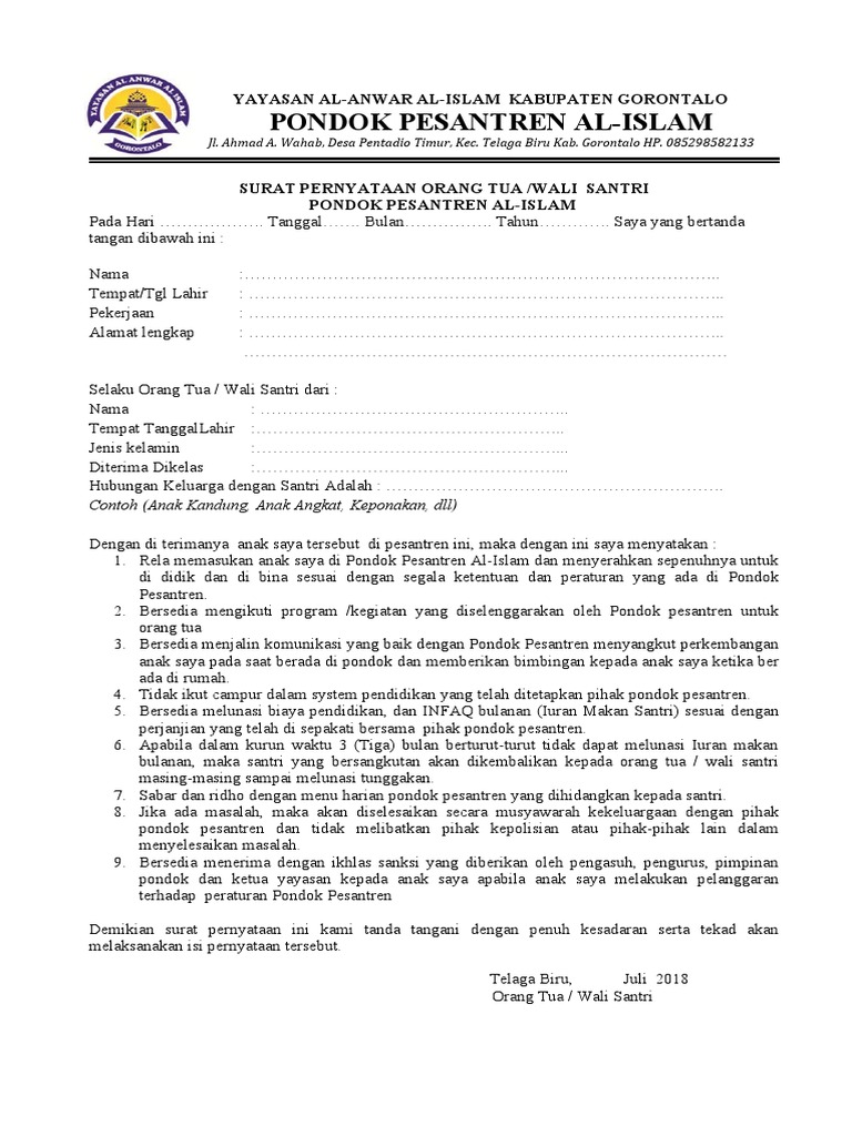 Surat Pernyataan Wali Santri