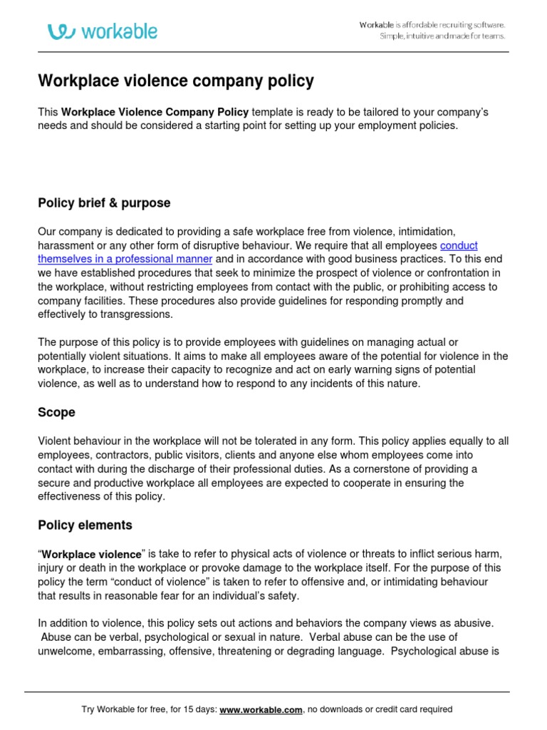 Workplace Violence Company Policy | PDF | Violence | Misconduct
