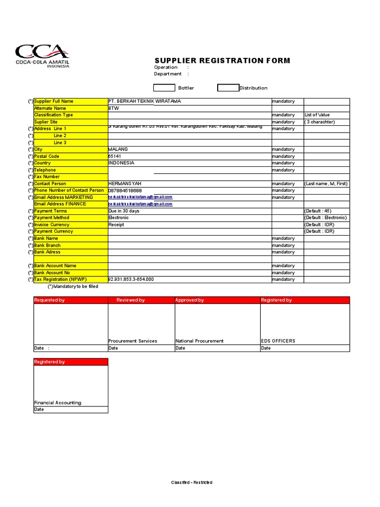 Supplier Registration Form Template | PDF | Plastic | Payments