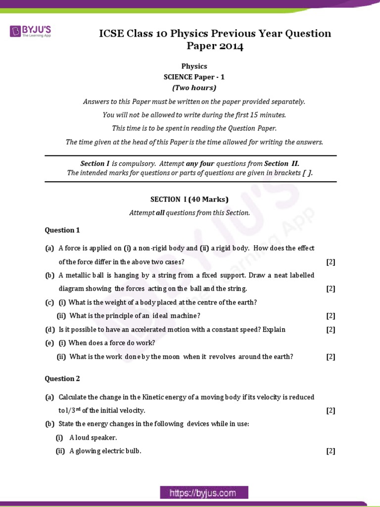 ICSE Class 10 Physics Question Paper 2024 | PDF | Force | Waves
