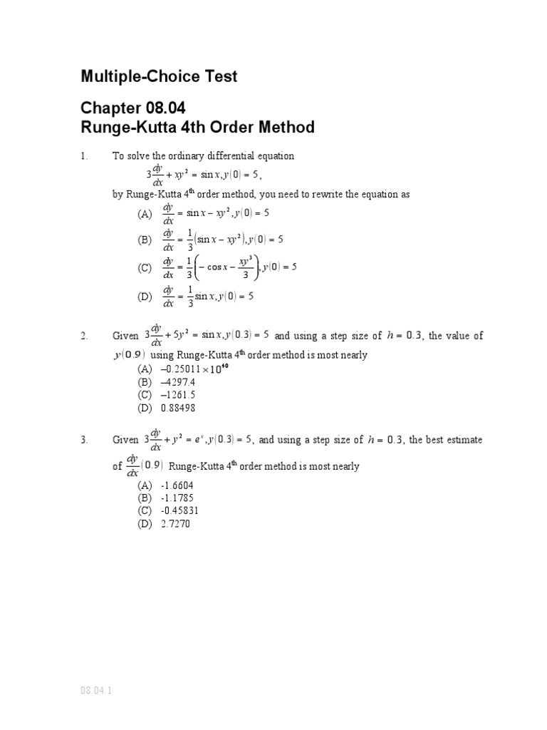 MultipleChoice Test RungeKutta 4th Order Method y X Xy DX Dy PDF