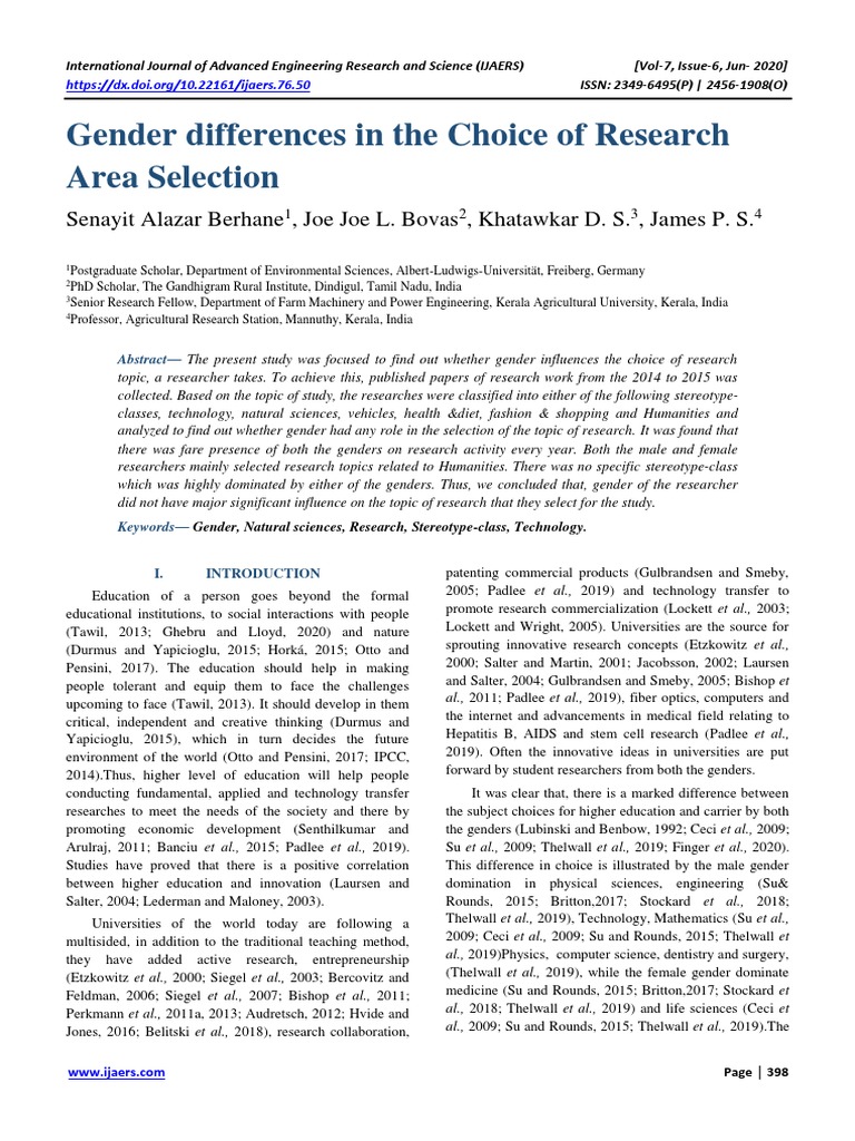 Gender Differences in The Choice of Research Area Selection | PDF ...