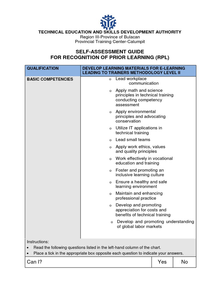 SelfAssessment Guide For Recognition of Prior Learning (RPL) PDF