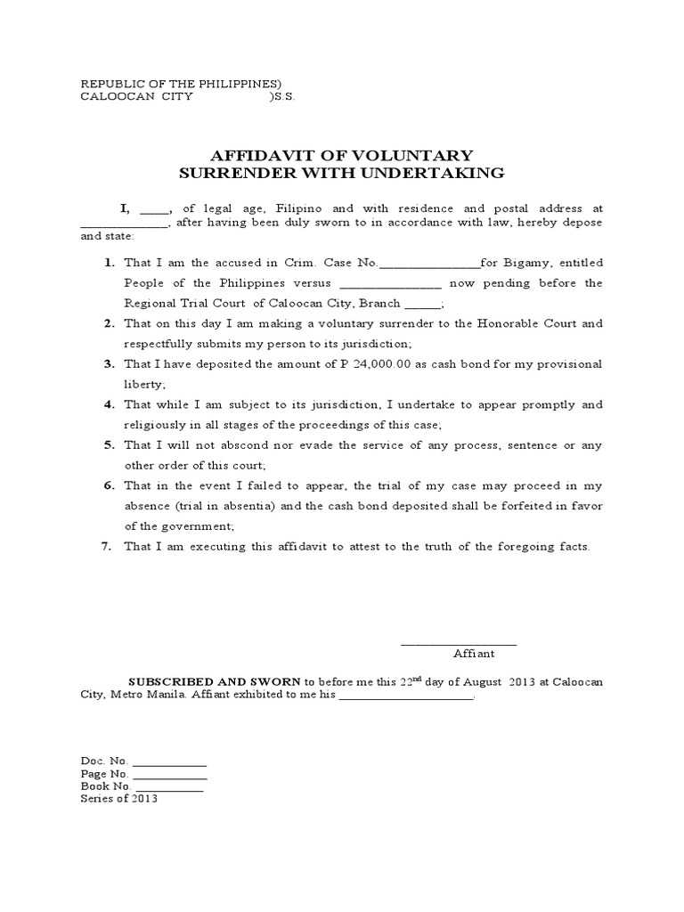 Affidavit of Voluntary Surrender | PDF