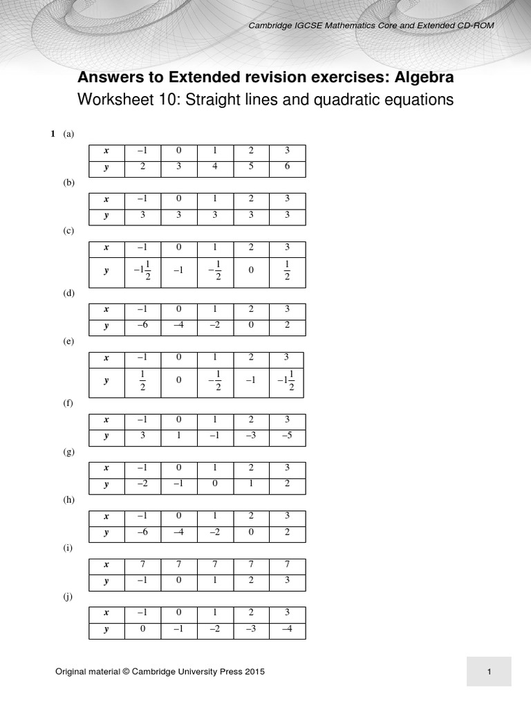 Worksheet 10: Straight Lines and Quadratic Equations: Answers To ...