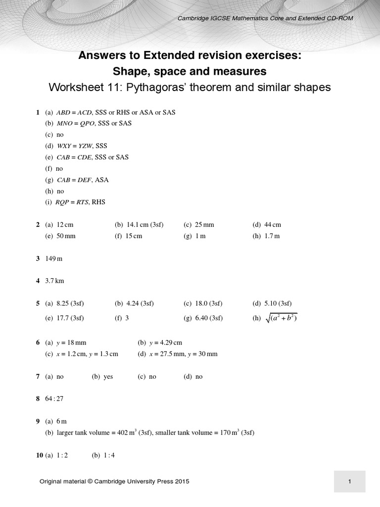 Worksheet 11: Pythagoras' Theorem and Similar Shapes: Answers To ...