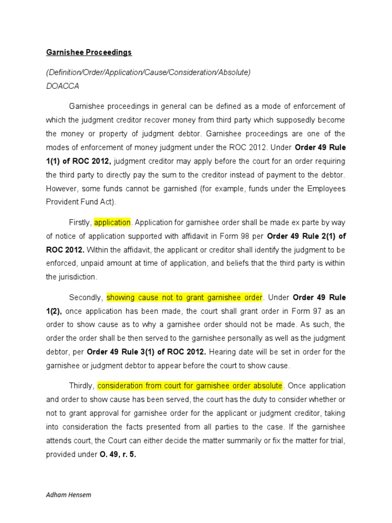 Garnishee Proceedings PDF Garnishment Judgment (Law)