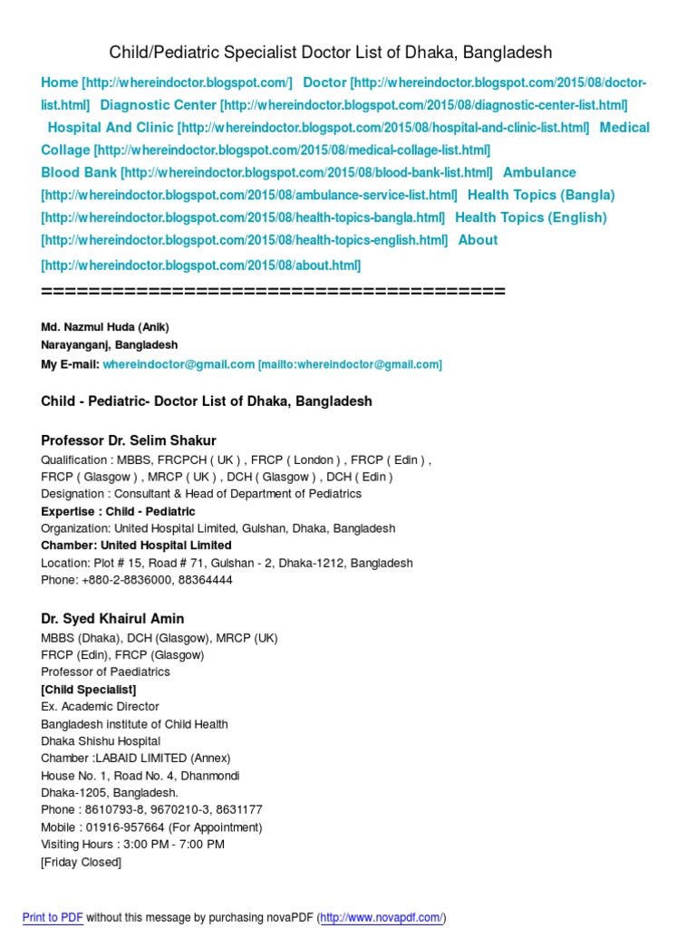 Pediatric Doctor List in Dhaka | PDF | Doctor Of Medicine | Medical School