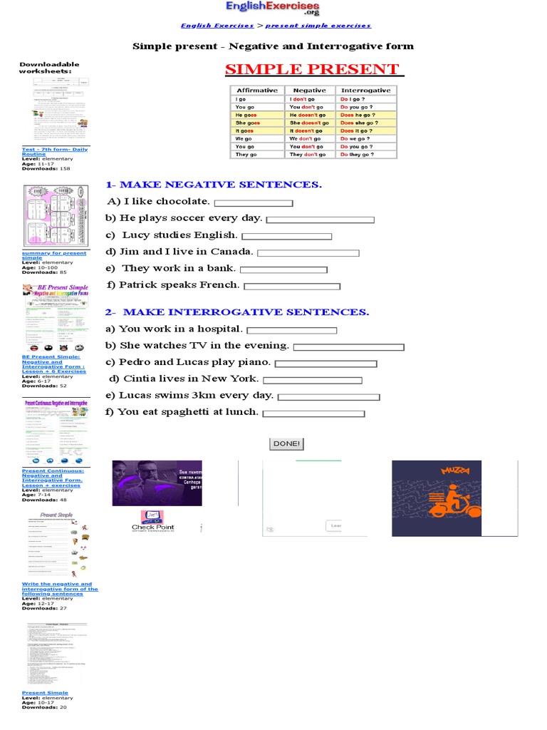 Present Simple: Negative & Interrogative Worksheets | PDF