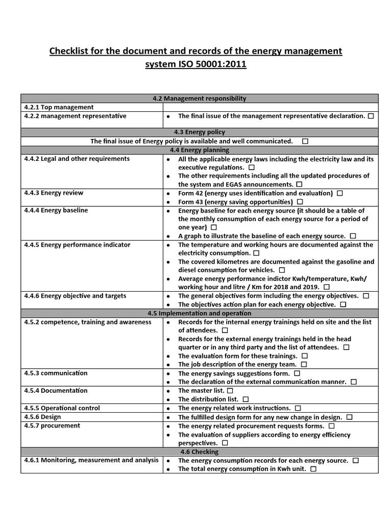 Checklist For The Document and Records of The Energy Management System