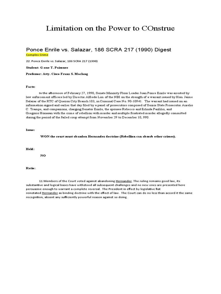 Limitation on the power to construe ponce enrile vs salazar 186 scra