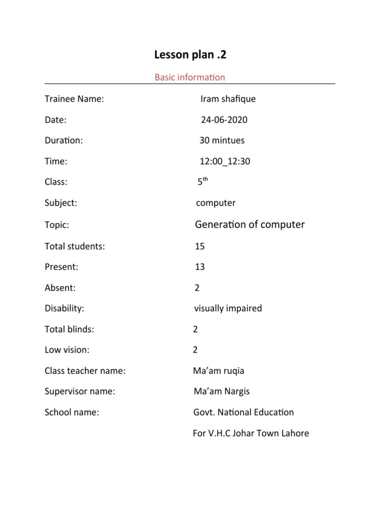 Lesson Plan 1 of Computer PDF Visual Impairment Teachers