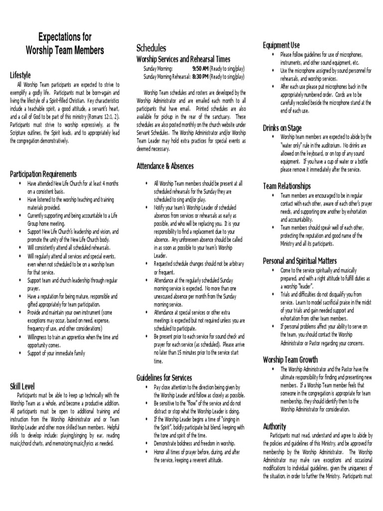 Expectations For Worship Team Members: Schedules | PDF | Contemporary ...