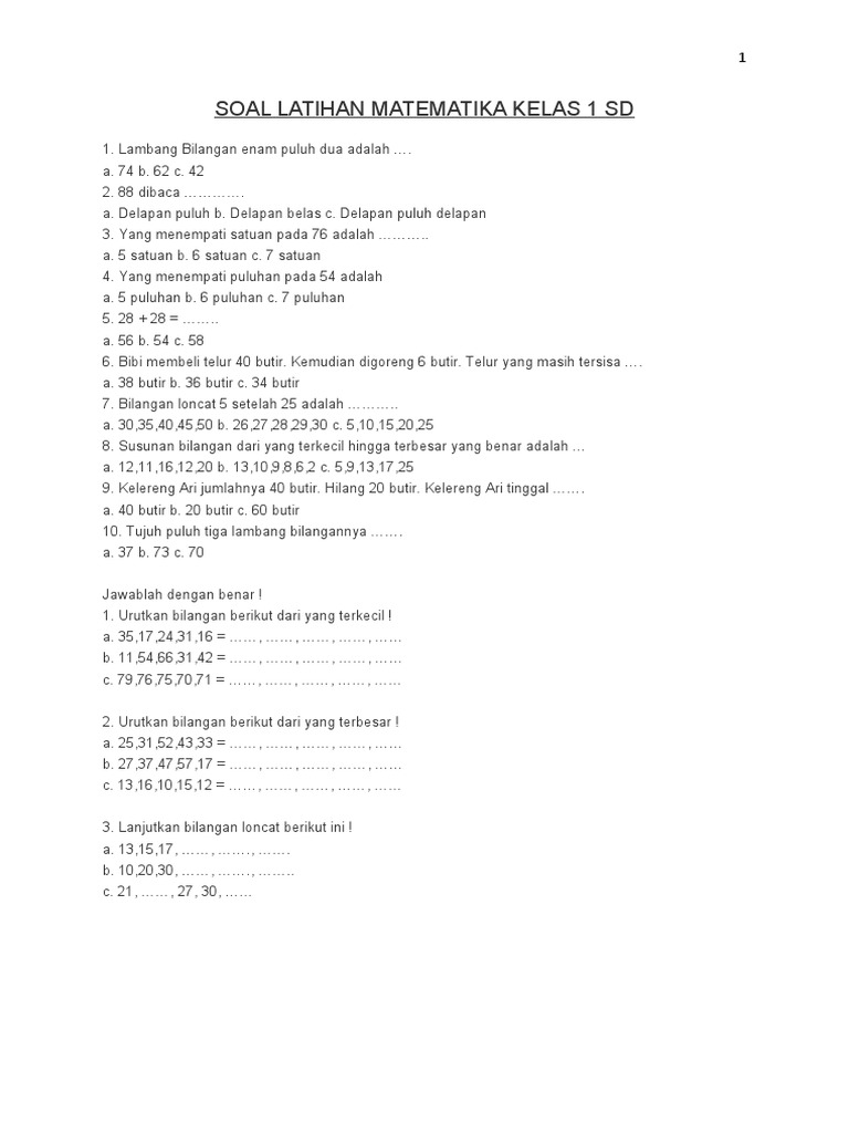 Soal Latihan Matematika Kelas 1 Sd Pdf