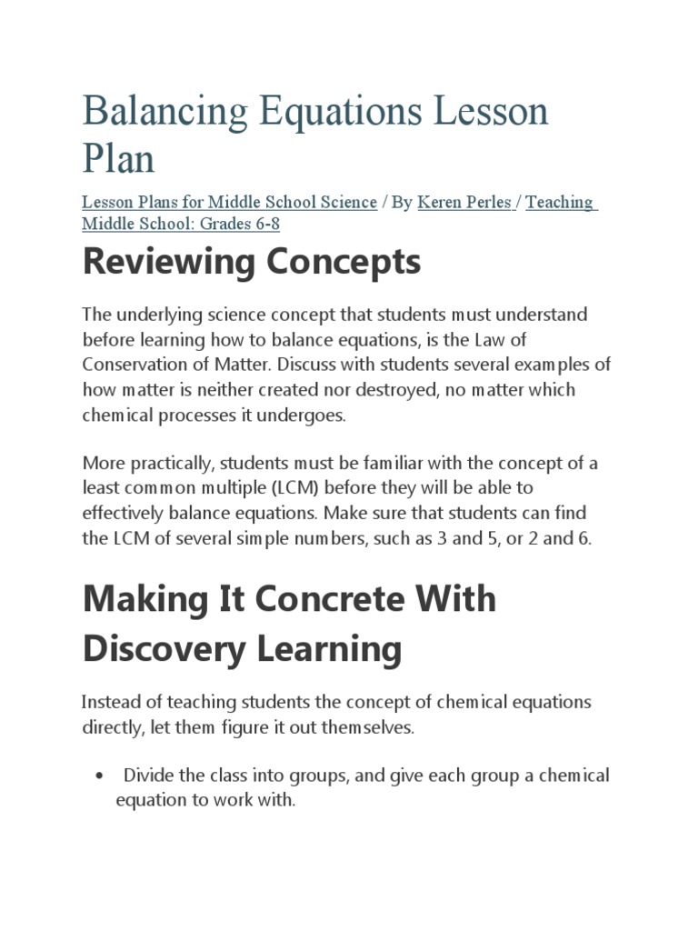 Balancing Equations Lesson Plan PDF