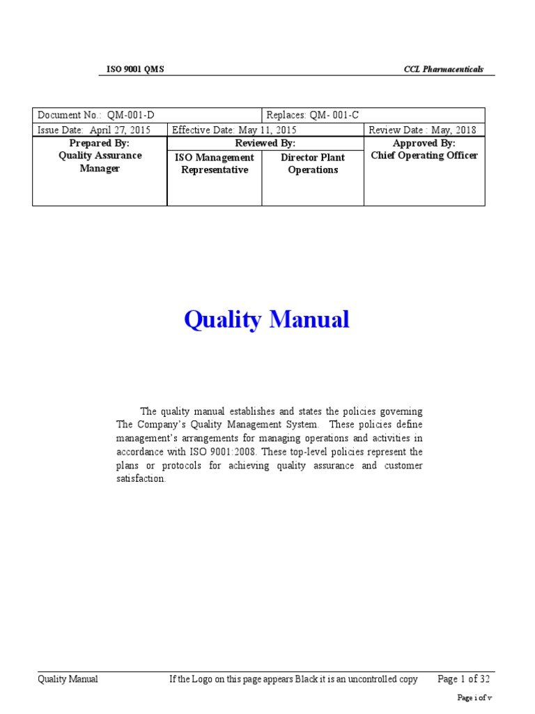 Quality Manual for ISO 9001:2015 Pharma | PDF | Verification And ...