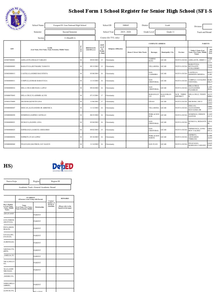Senior High School Register SF1-SHS | PDF