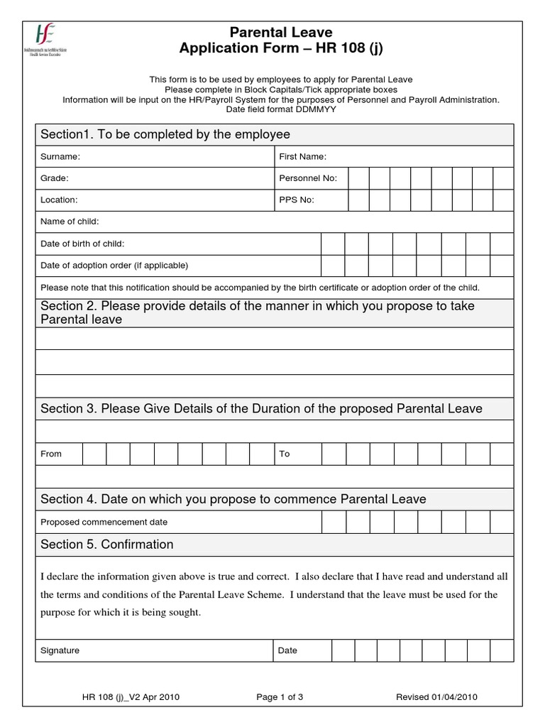 Parental Leave Application Form - HR 108 (J) | PDF | Payroll | Human ...