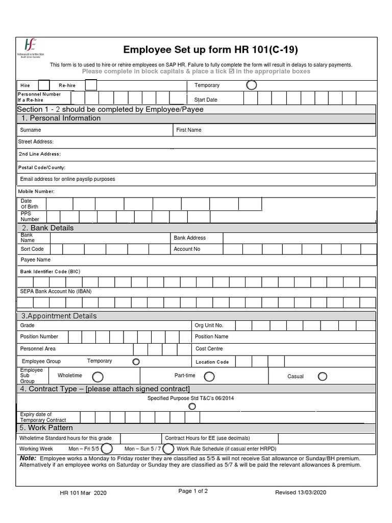 Employee Set Up Form HR 101 (C-19) : Section 1 - 2 Should Be Completed by  Employee/Payee 1. Personal Information | PDF | Pension | Payments