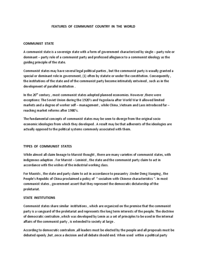 Features of Communist Country in The World | PDF | Communism | State ...