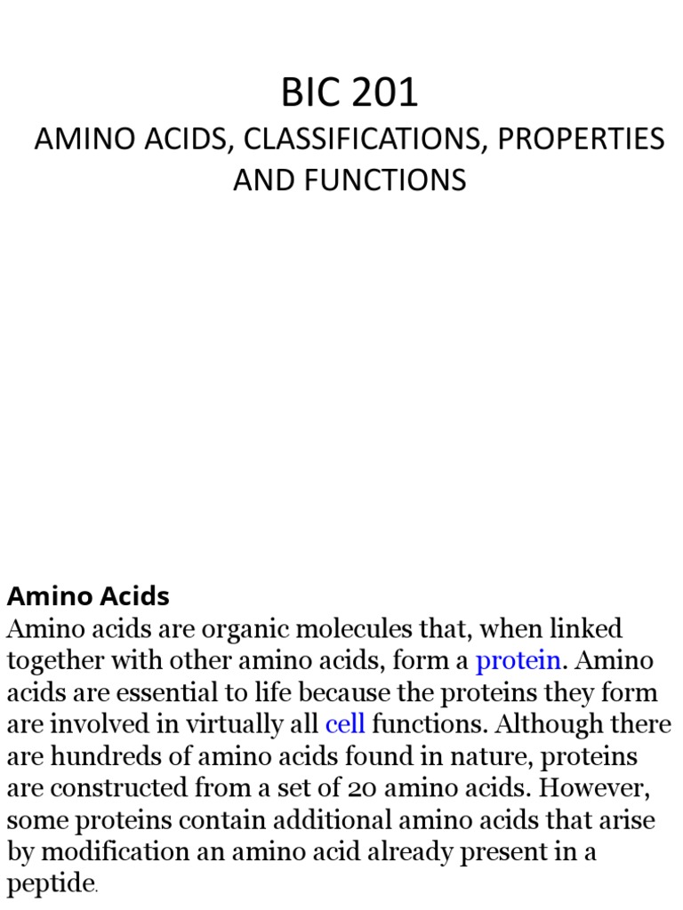 Amino Acids, Classifications, Properties and Functions PDF Amino