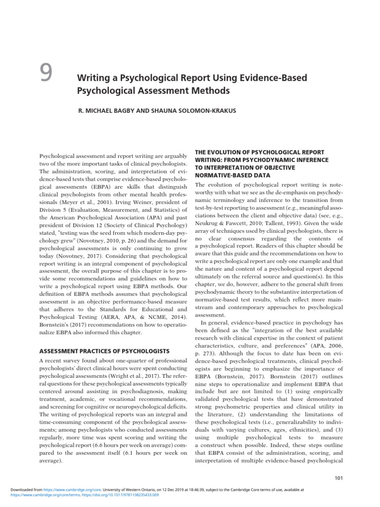 Chapter 9 Writing A Psychological Report Using EvidenceBased Psychological Assessment Methods