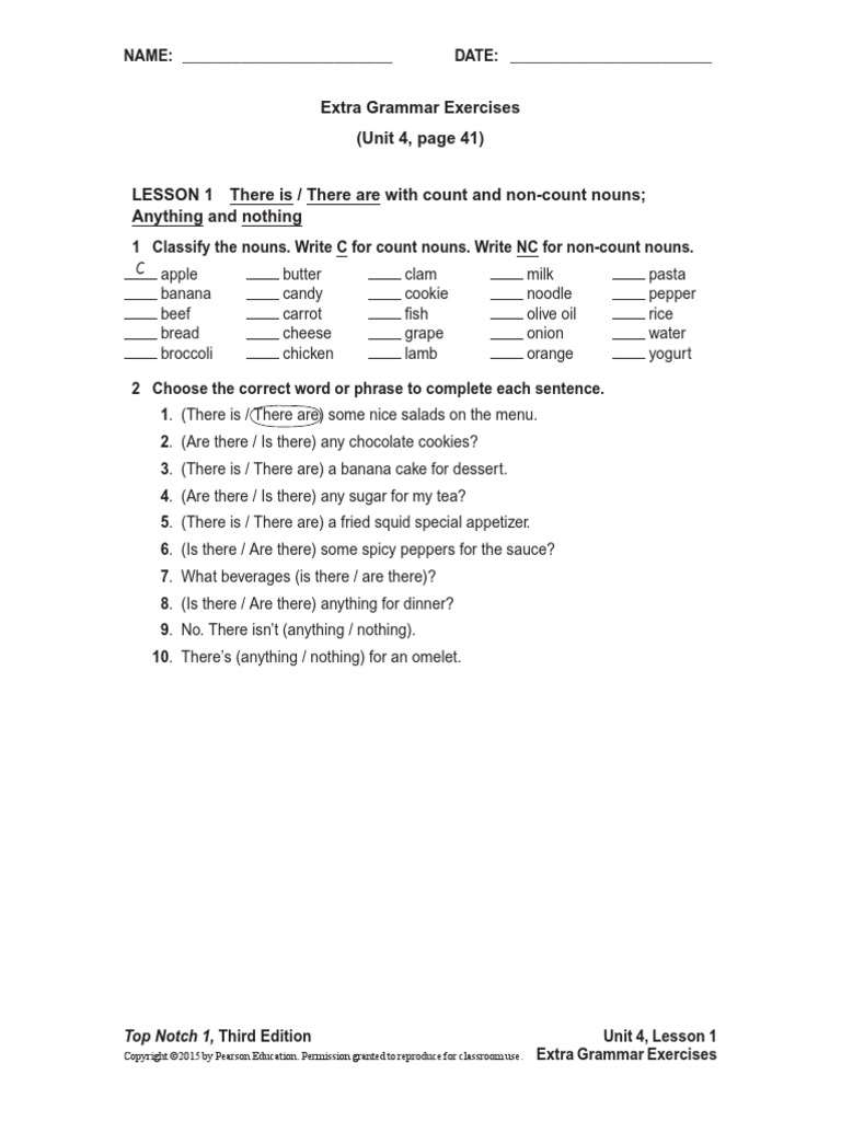 Extra Grammar Exercises (Unit 4, Page 41) Top Notch 1, Third Edition