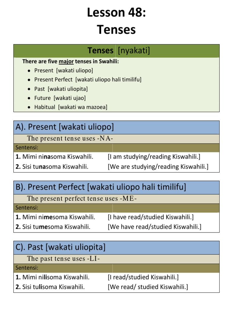 Verbs Tense Pdf Swahili Language Grammatical Tense