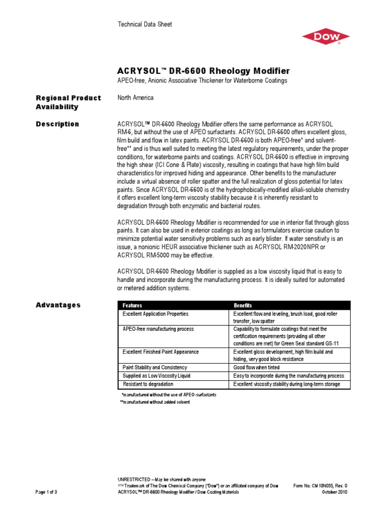 Acrysol DR6600 Rheology Modifier Features Benefits PDF Paint