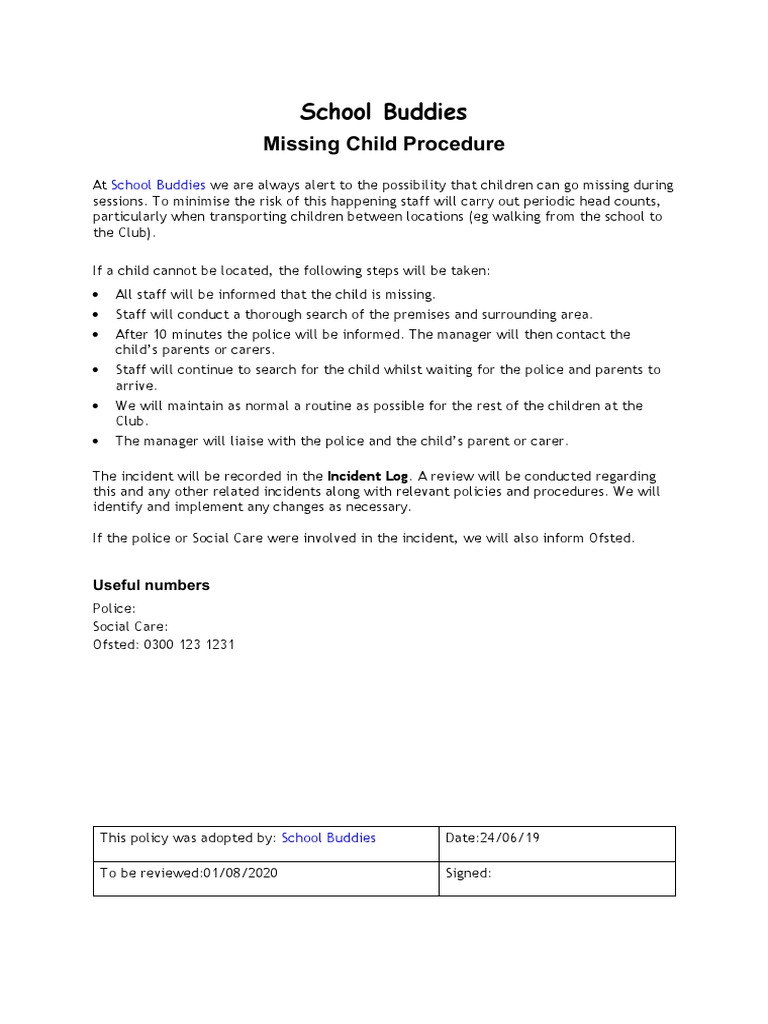 Missing Child Protocol at School Buddies | PDF | Wellness