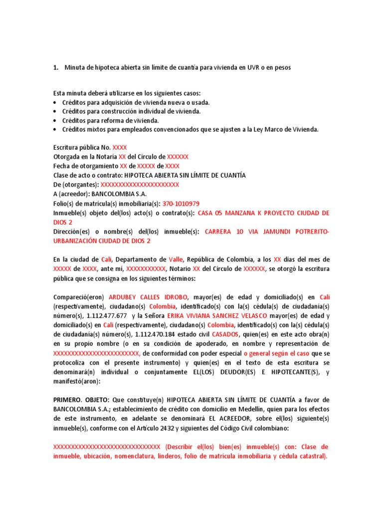 Modelo Minuta Bancolombia | PDF | Hipoteca Comercial | Finanzas y  administración del dinero