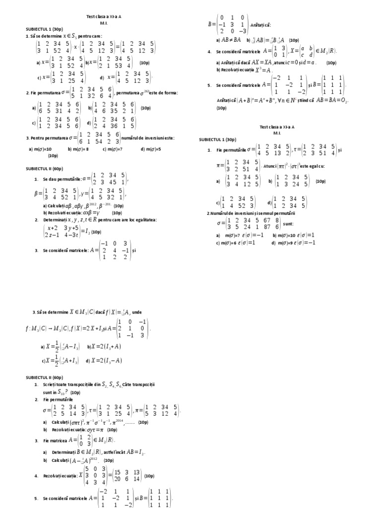 Test Clasa A XI Permutari Si Matrici | PDF