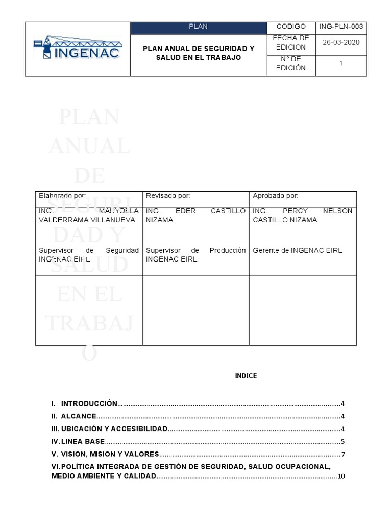 ING-PLN-003 - Plan Anual de Seguridad y Salud en El Trabajo | PDF ...