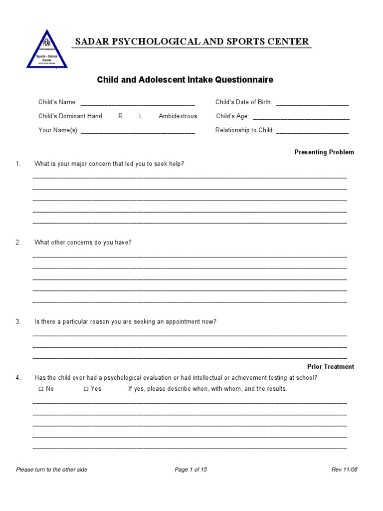 Child & Adolescent Intake Questionnaire | PDF | Child Custody ...