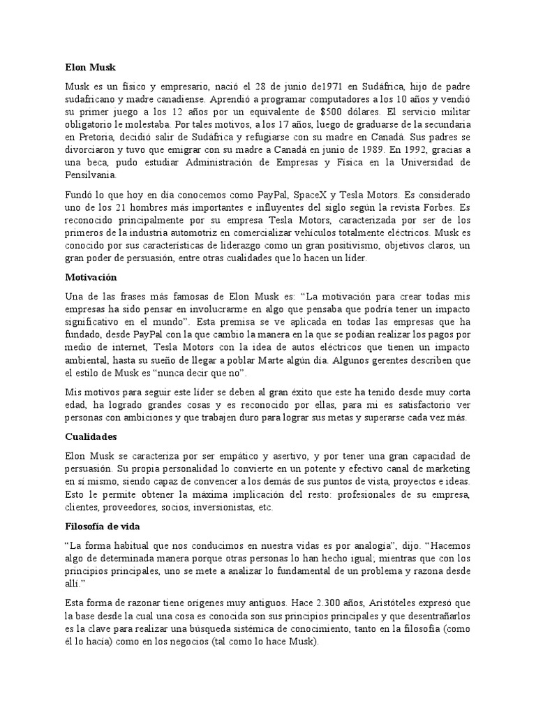 Biografía de Elon Musk: Innovador y Líder | PDF | Elon Musk | Pay Pal