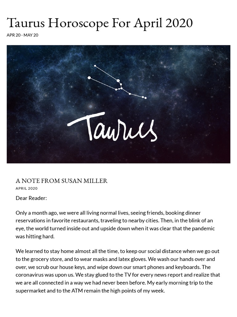 Taurus Horoscope For April 2020 Susan Miller Astrology Zone PDF